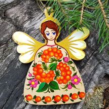 Christmas Angel ornament, hand painted on wooden, Petrykivka painting