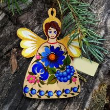 Weihnachtsschmuck - Engelanhänger aus Holz mit blauen Blumen
