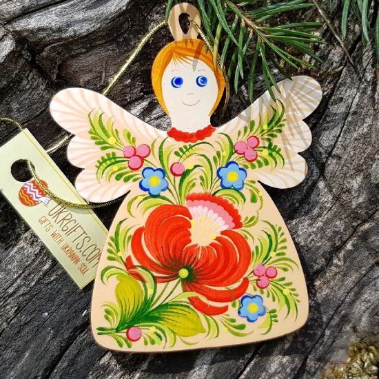 Handmade angel ornament, wooden hand painted Christmas ornament