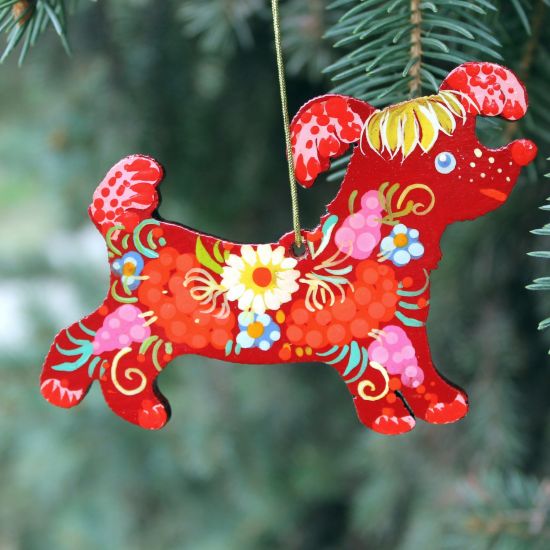 Funny Dog Christmas tree decoration with Ukrainian Petrykivka painting
