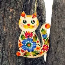 Beidseitig Handbemalt ukrainische Petrykiwka-Malerei Handgemachter Christbaumschmuck Katzen Paar 2 Tiere Holzfiguren für Christbaum Weihnachtsgeschenk für Katzenliebhaber 