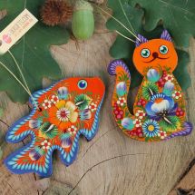 Wooden Christmas tree decorations funny animals cat and fish