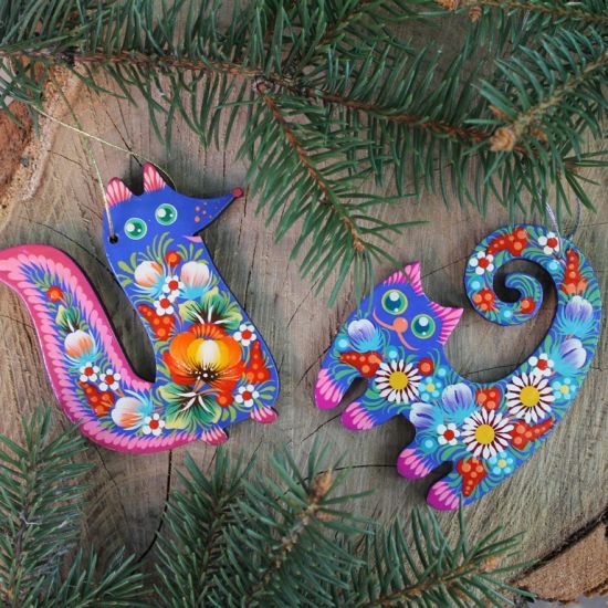 Folk art Christmas ornaments  funny animals - cat and fox