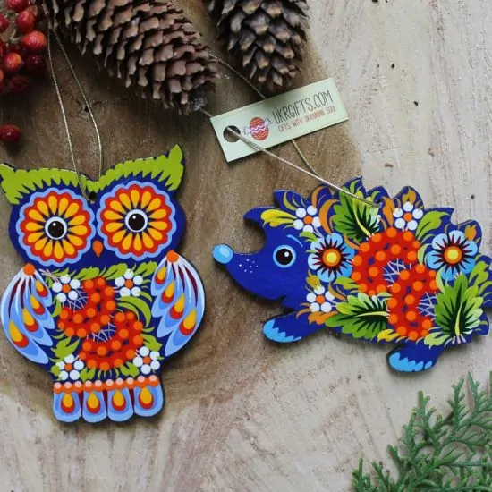 Christmas ornaments Owl and hegehog hand painted wooden decorations