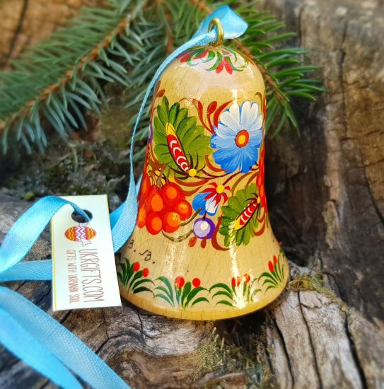 Wooden hand painted bell, rustic Christmas decoration