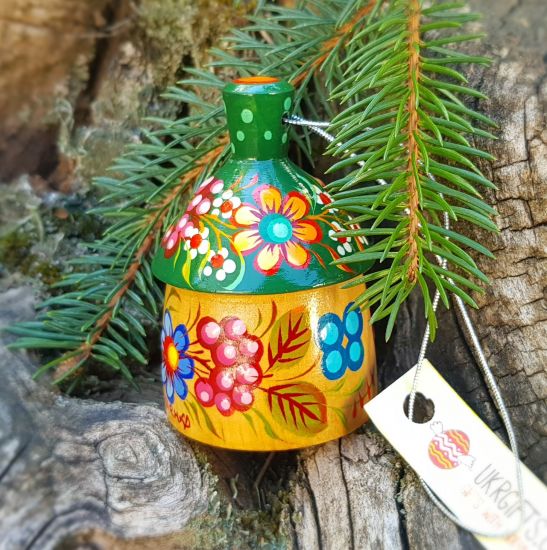Handmade ethnic decorative hanging wooden figured bell country house, Petrykivka painting