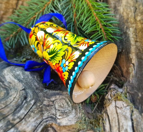 Wooden hand painted ethnic christmas bell decoration, Petrykivka painting
