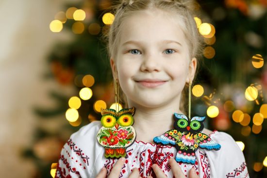 Wooden Christmas tree ornaments set for children (cat, mitten and christmas sock), hand painting