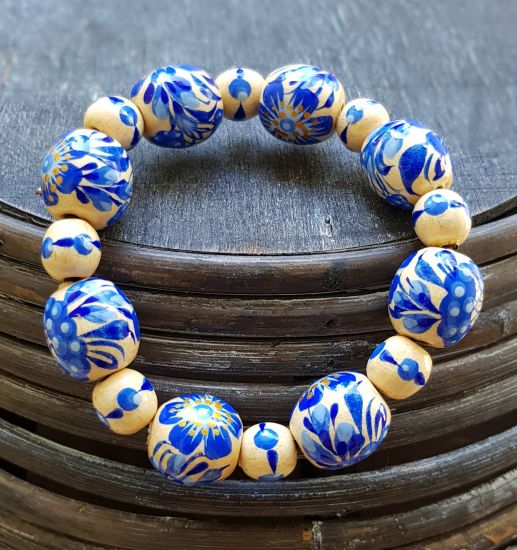 Wooden beaded bracelet with blue flowers, handmade folk wooden jewelry