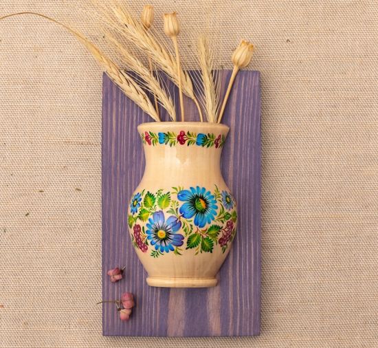 Kitchen wall decor, wooden hanging vase hand painted with blue flowers