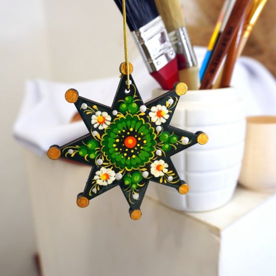 Hand painted Christmas star ornament, Petrykivka painting
