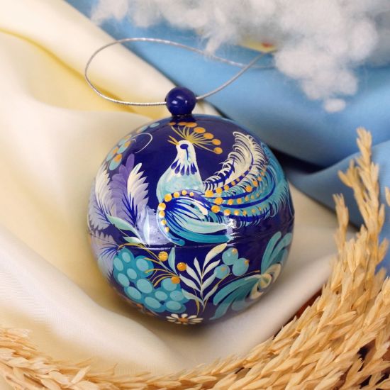 Hand-painted wooden Christmas ball with bird motif