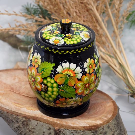 Wooden jar for bulk products in green, Ukrainian handcraft