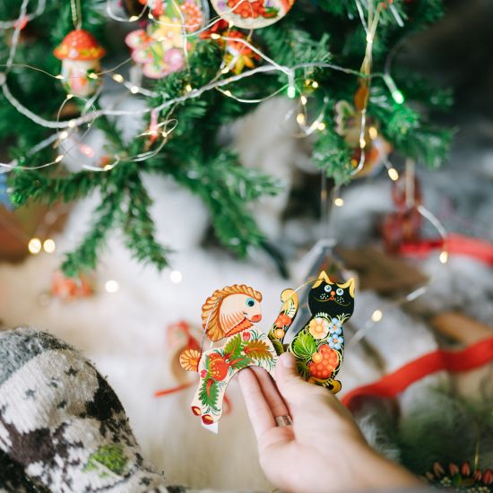 Katze und Igel- Lustiger Tiere- Weihnachtsschmuck aus Holz - handbemalt