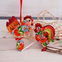 Easter ornaments made of wood with flowers patterns - Rooster, Chicken, Easter egg