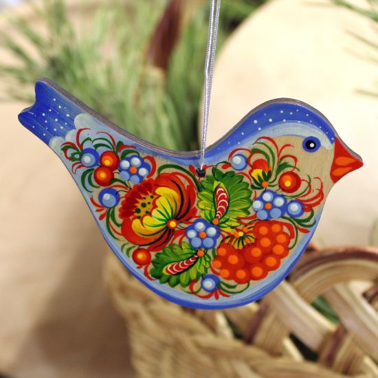 Kunstvoll bemalter Vogel - Oster Anhänger aus Holz mit Blumenmuster