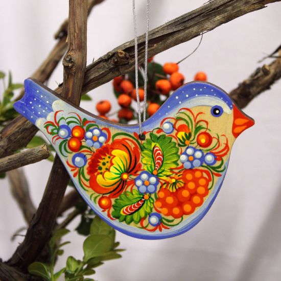 Kunstvoll bemalter Vogel - Oster Anhänger aus Holz mit Blumenmuster