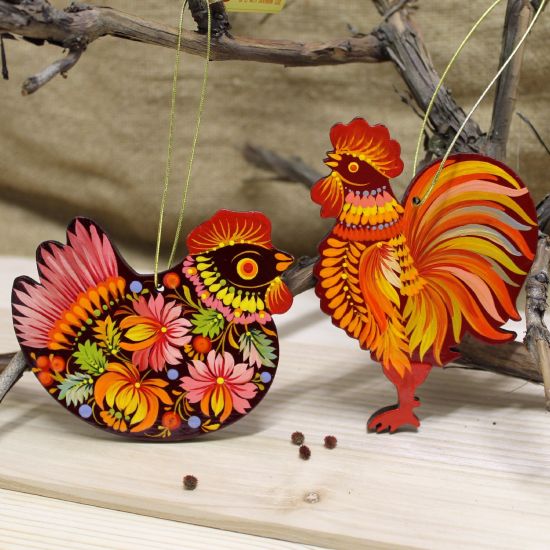 Osteranhänger Set Hahn und Huhn aus Holz  kunstvoll handbemalt
