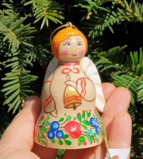 Angel bell Christmas tree ornament, ethnic wooden ornament in ukrainian Petrykivka style