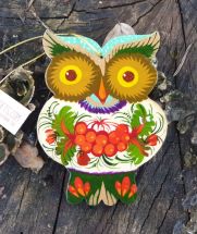 Rustic Christmas ornaments Owl made of wood, Ukrainian Petrykivka painting