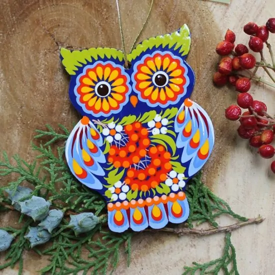 Christmas ornaments Owl and hegehog hand painted wooden decorations