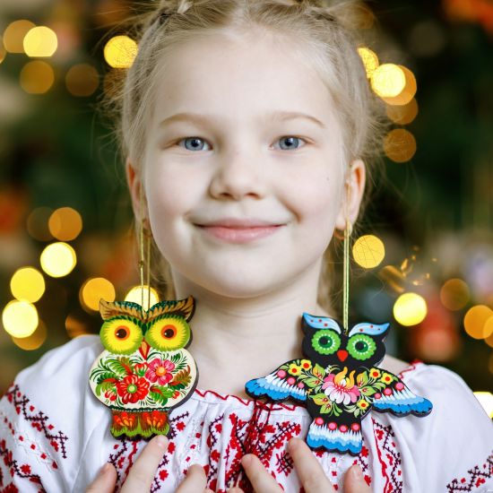 Birds Christmas ornaments owl, made of wood, Ukrainian handicrafts