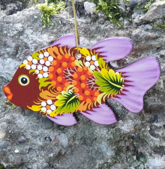 Fish Christmas ornament or just fish decor, wooden, hand painted on both sides