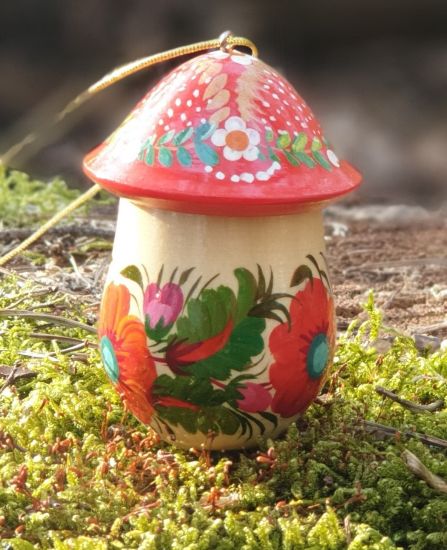 Mushroom wooden Christmas ornament and good-luck symbol, hand painted