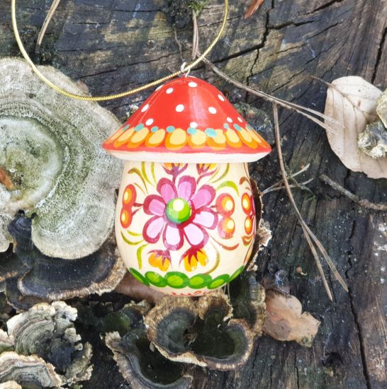 Mushroom Christmas wooden ornament and small present box, hand painted