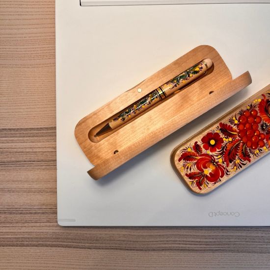 Schreib-Set Kugelschreiber im Etui aus Holz, Ukrainisches Kunsthandwerk