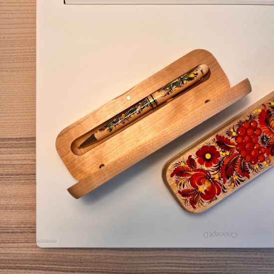 Schreib-Set Kugelschreiber im Etui aus Holz, Ukrainisches Kunsthandwerk