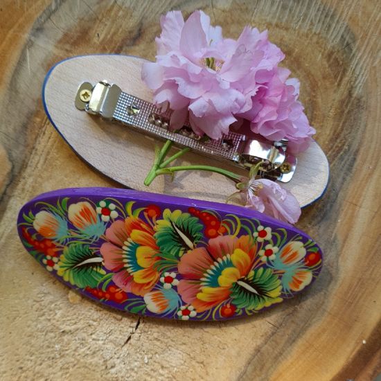 Hair clips - wooden painted hair accessory with floral pattern - ukrainian art 