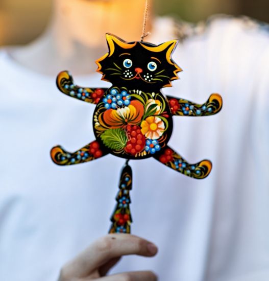 Jumping jack Black cat  wooden hand painted