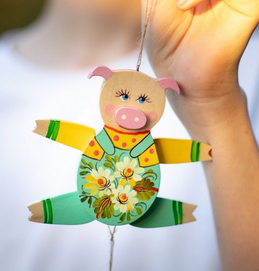 Funny piggy - jumping jack made of wood - wall decor