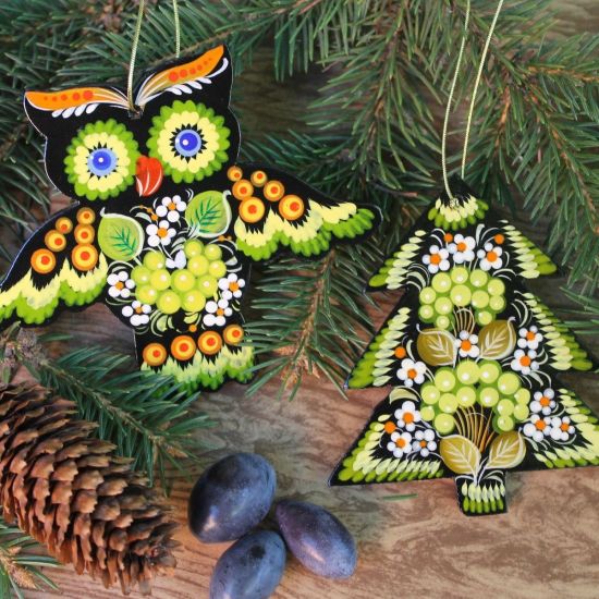 Wooden Christmas tree decorations owl and tree, hand painted