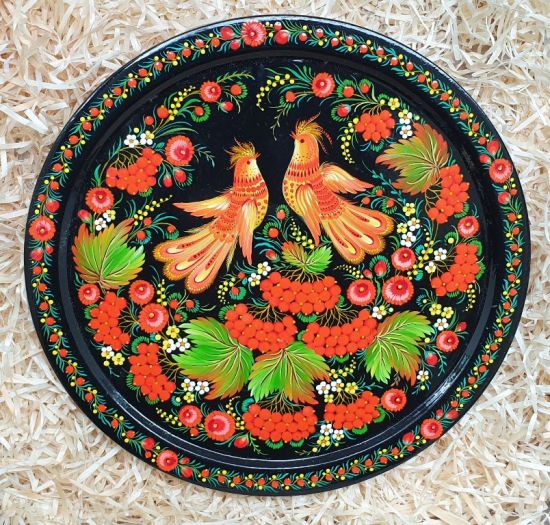 Wall plate to hang, deco "Birds in love", traditional ukrainian Petykivka painting