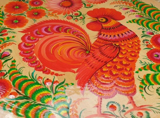 Wall plate  Rooster, ukrainian Petykivka painting