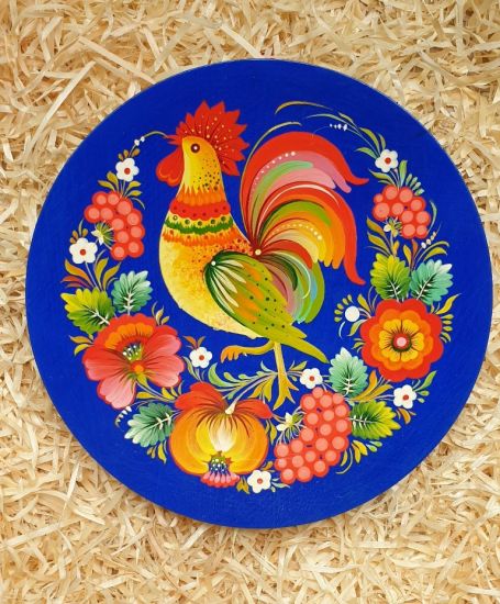 Hand painted wooden plate, traditional wall decoration "Rooster", ukrainian Petykivka painting