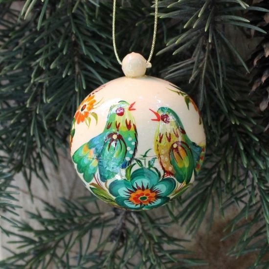 Christmas ball hand painted white-green- Petrykivka painting 5.5 cm