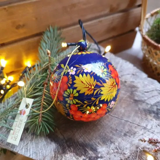 Hand painted wooden christmas ball and box for small presents,  traditional Petrykivka painting, 8 cm