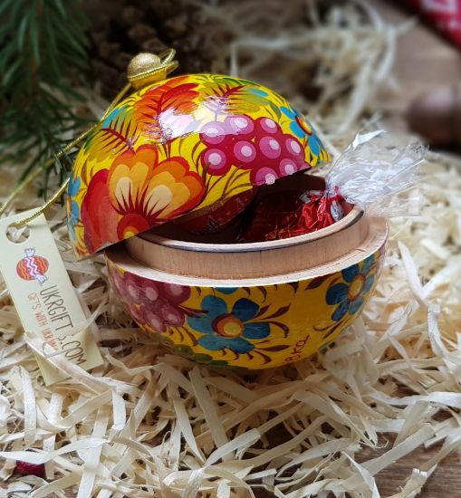 Yellow Christmas tree ball and box for present, hand painted
