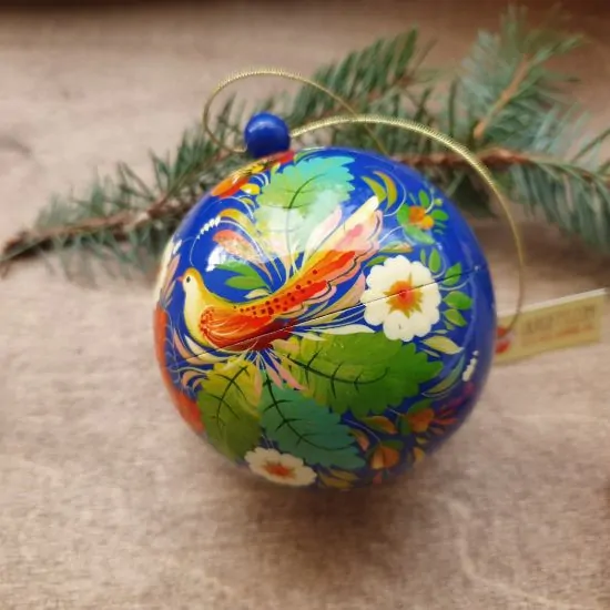 Hand painted Сhristmas balls with bird motif, openable with ukrainian painting