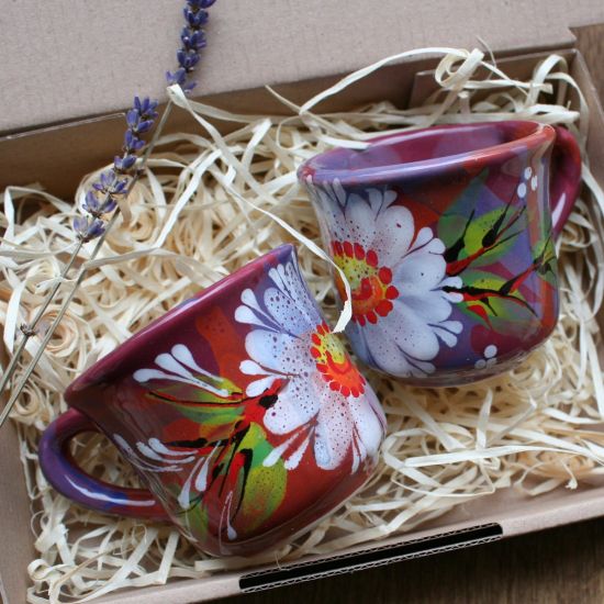 Small Coffee cups for two, hand painted ceramic with flower ornaments - hand made Valentine's Day gift