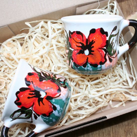 Hand painted Coffee cups for two, hand made ceramic with flower ornaments - Valentine's Day gift