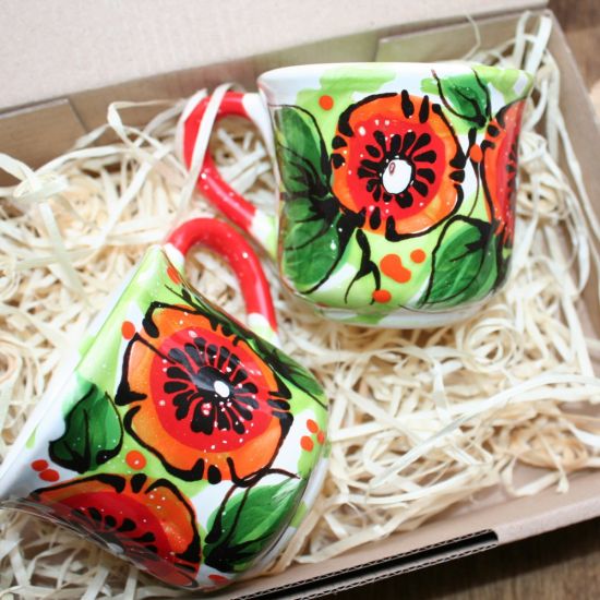 Hand painted Coffee cups set, ceramic with flowers ornament - Valentine's Day gift