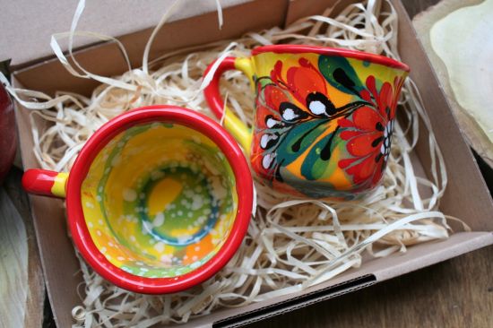 Hand painted Coffee ceramic cups set, ceramic with flowers ornament - Valentine's Day gift
