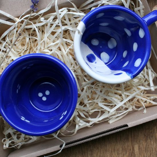 Espresso für Zwei- handbemalte Tassen aus Keramik mit blauem Muster - Valentinstag Geschenk