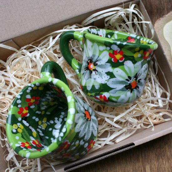 Kaffe für Zwei- handbemalte Tassen aus Keramik mit Blumenmuster - Valentinstag Geschenk