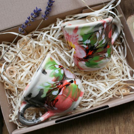 Kaffetassen für Zwei- handbemalte Keramik mit Blumenmuster - Valentinstag Geschenk