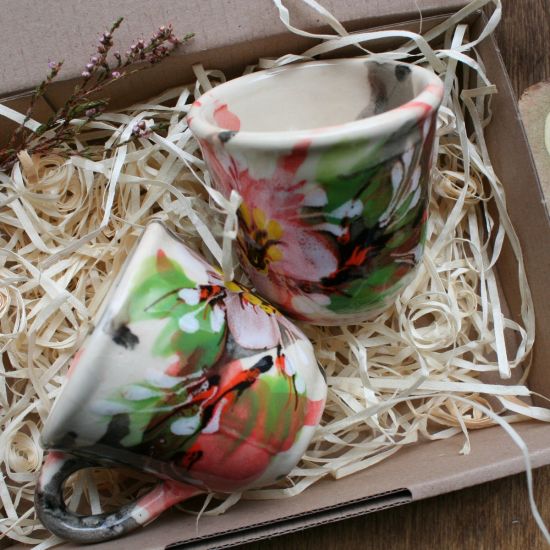 Coffee cups for two, hand painted ceramic with flower pattern - Valentine's Day gift